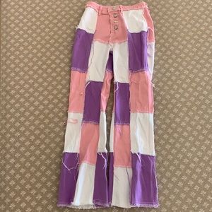 Pink, white and purple patch pants XS